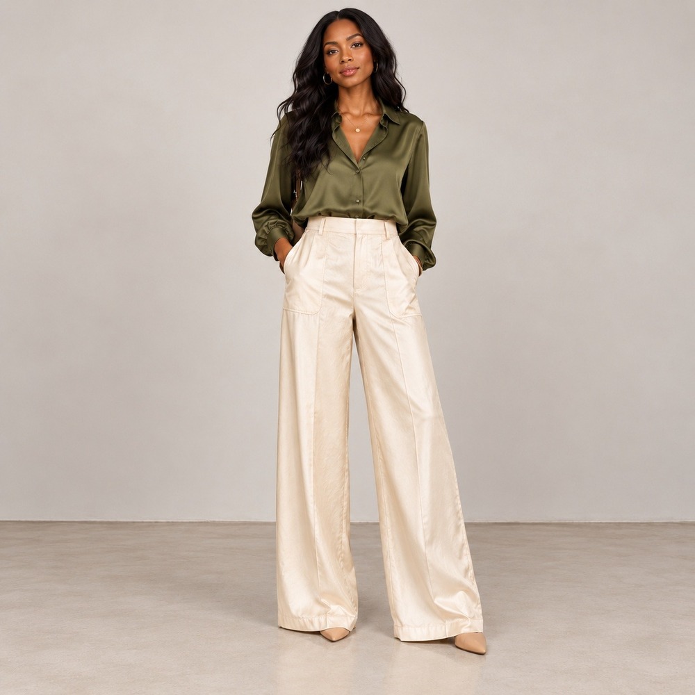 Zara Ivory Lyocell Satin Cargo Wide Leg Pants Minimalist Quiet Luxury M